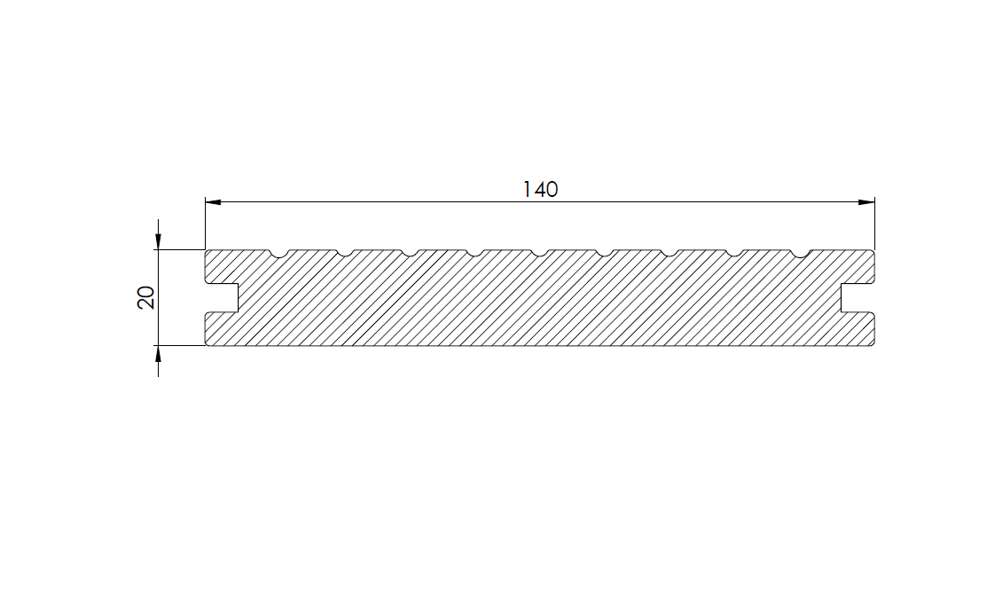 Savadeck Classic Plus decking – prečni prerez profila z dimenzijami 140 x 20 mm