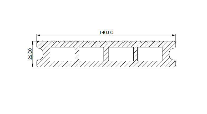 Savadeck Classic decking – попречен пресек на профилот со димензии 140 x 26 mm