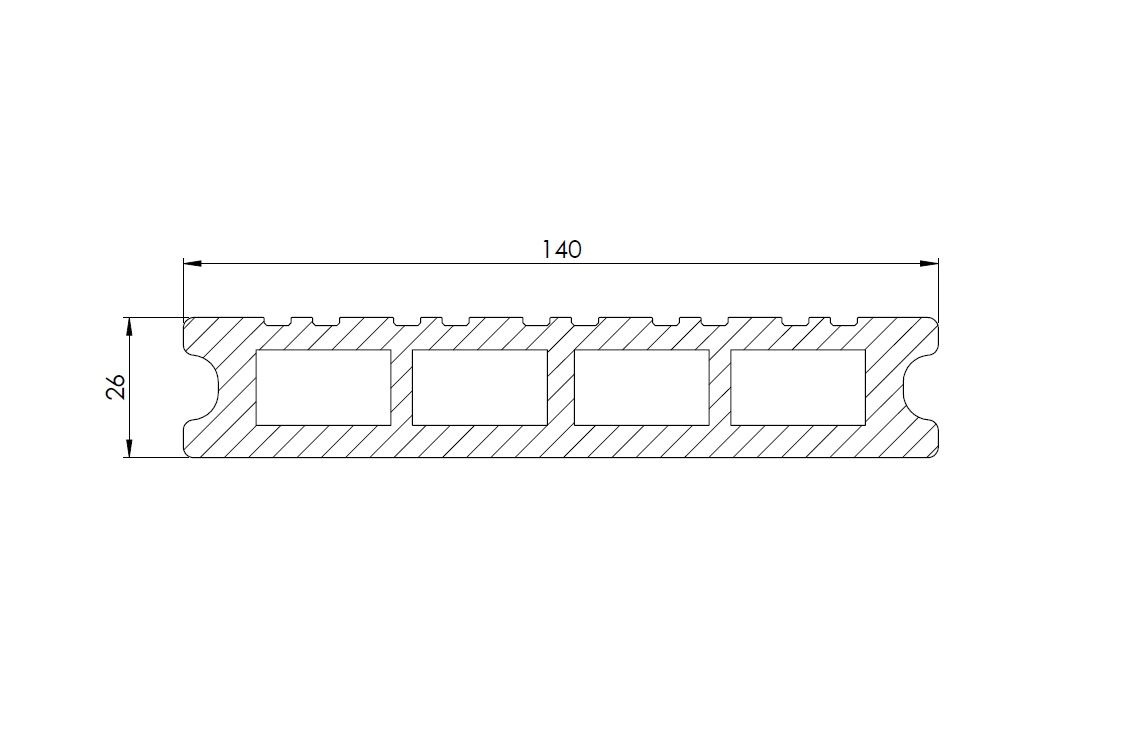 Savadeck Classic deking – poprečni presjek profila sa dimenzijama 140 x 26 mm