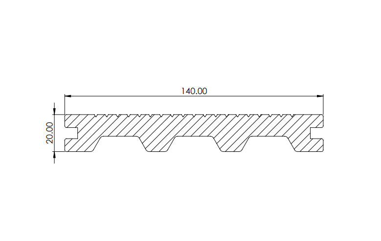 Savadeck Classic Plus decking – prečni prerez profila z dimenzijami 140 x 20 mm